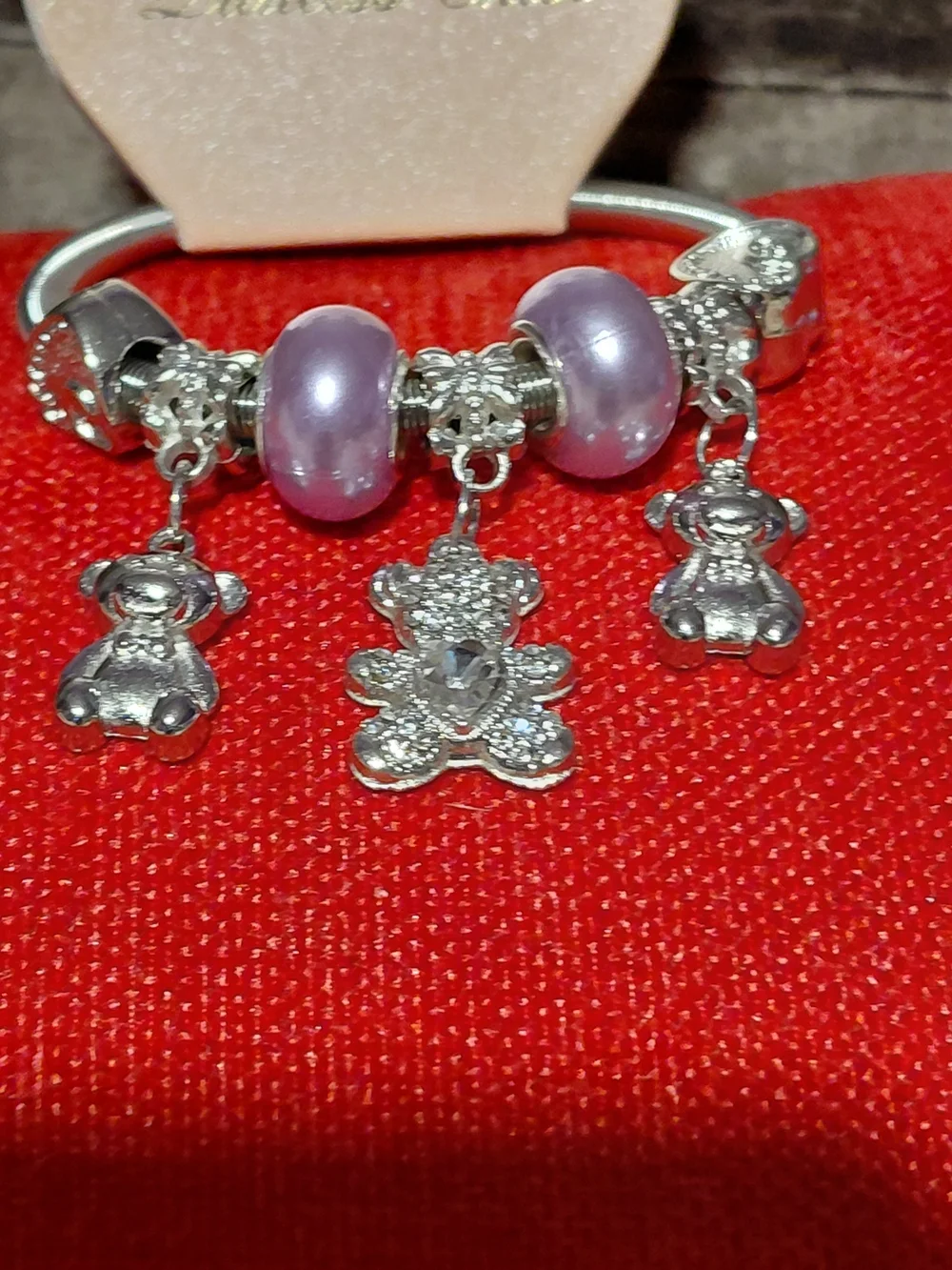 Silver Teddy Charm Bracelet with Lavender Beads